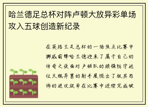 哈兰德足总杯对阵卢顿大放异彩单场攻入五球创造新纪录