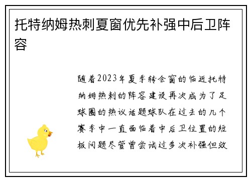 托特纳姆热刺夏窗优先补强中后卫阵容
